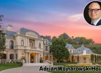 Adrian Wojnarowski House Tour: Inside the ESPN Legend’s Luxurious Home A large, luxurious French château-style mansion with a central dome and manicured front gardens under a warm sunset sky, featuring text overlaid at the bottom reading "Adrian Wojnarowski House"