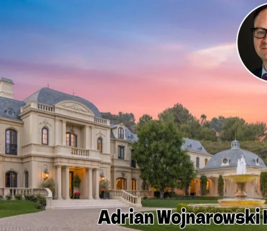 Adrian Wojnarowski House Tour: Inside the ESPN Legend’s Luxurious Home A large, luxurious French château-style mansion with a central dome and manicured front gardens under a warm sunset sky, featuring text overlaid at the bottom reading "Adrian Wojnarowski House"