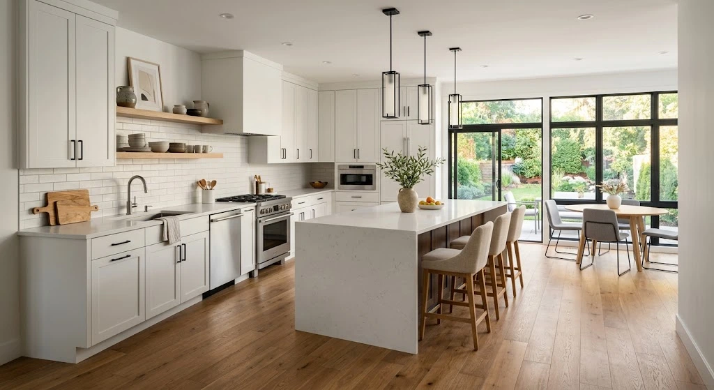 Best Home Flooring Options for Your Home 2 Modern kitchen with engineered hardwood flooring.