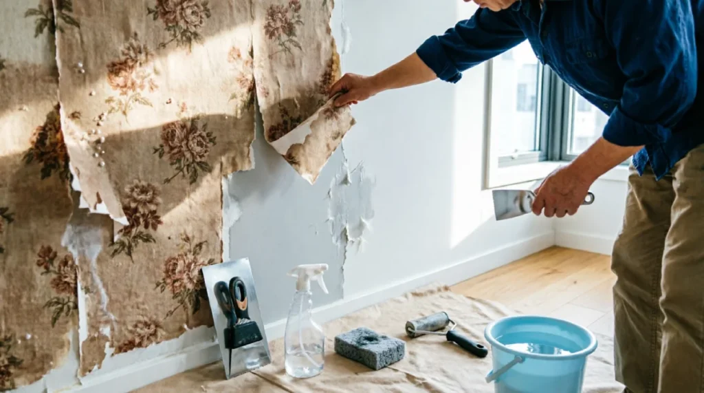 How to Remove Wallpaper: 5 Simple Methods That Actually Work 4 How to remove wallpaper from a wall using a putty knife, spray bottle, sponge, and wallpaper removal tools