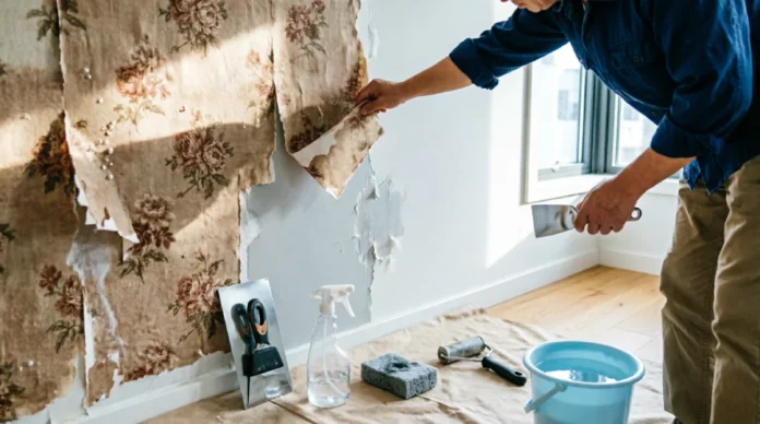How to Remove Wallpaper_ Easy Wallpaper Removal Guide How to remove wallpaper from a wall using a putty knife, spray bottle, sponge, and wallpaper removal tools