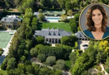 Amazing Jami Gertz House: Facts About Her Luxurious Home, Property, and Lifestyle Aerial view of the Jami Gertz house featuring a luxury mansion, landscaped gardens, tennis court, swimming pool, and a portrait of Jami Gertz.