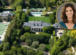 Amazing Jami Gertz House: Facts About Her Luxurious Home, Property, and Lifestyle Aerial view of the Jami Gertz house featuring a luxury mansion, landscaped gardens, tennis court, swimming pool, and a portrait of Jami Gertz.