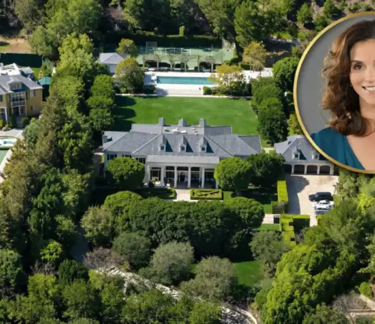 Amazing Jami Gertz House: Facts About Her Luxurious Home, Property, and Lifestyle Aerial view of the Jami Gertz house featuring a luxury mansion, landscaped gardens, tennis court, swimming pool, and a portrait of Jami Gertz.