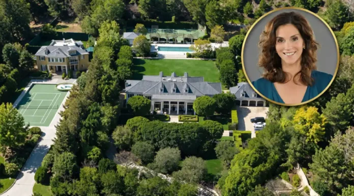 Amazing Jami Gertz House: Facts About Her Luxurious Home, Property, and Lifestyle Aerial view of the Jami Gertz house featuring a luxury mansion, landscaped gardens, tennis court, swimming pool, and a portrait of Jami Gertz.