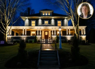 Exclusive John Rzeznik House: A Rare Look Inside His Luxury Home and Lifestyle John Rzeznik house featuring an elegant luxury home exterior at night with illuminated windows, a large covered porch, landscaped grounds,