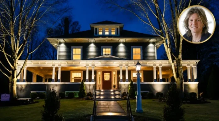 Exclusive John Rzeznik House: A Rare Look Inside His Luxury Home and Lifestyle John Rzeznik house featuring an elegant luxury home exterior at night with illuminated windows, a large covered porch, landscaped grounds,