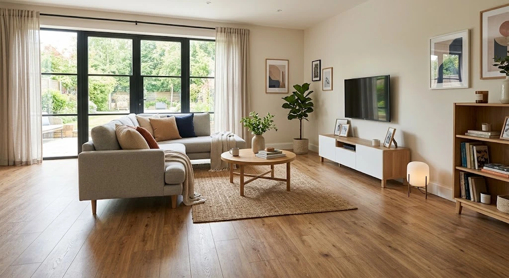 Best Home Flooring Options for Your Home 4 Modern living room featuring laminate wood flooring.