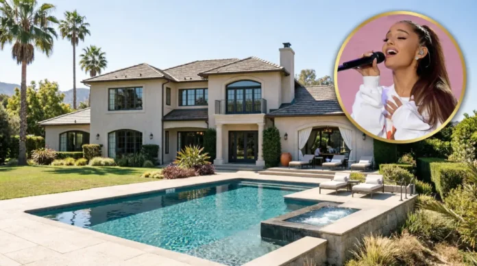 Ariana Grande House featuring a luxurious modern mansion with a large swimming pool, elegant architecture, and beautifully landscaped outdoor space