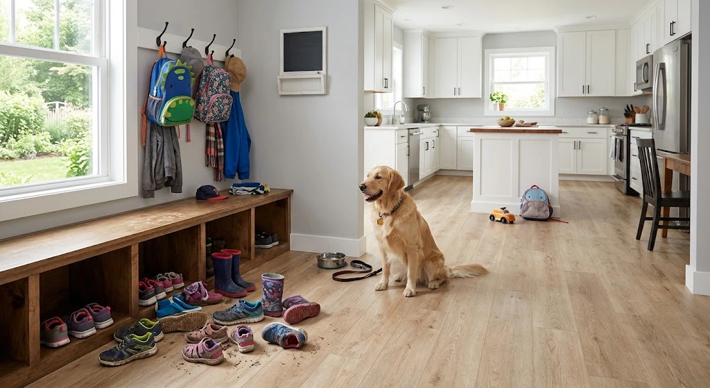 Best Home Flooring Options for Your Home 3 Waterproof luxury vinyl plank flooring in a family home.