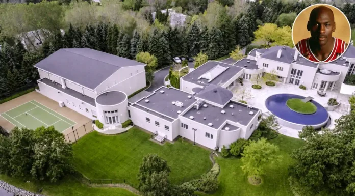 Michael Jordan House: Inside His Jaw-Dropping $9.5M Highland Park Mansion,Chicago Michael Jordan house showing the tennis court, circular infinity pool, and grounds in Highland Park