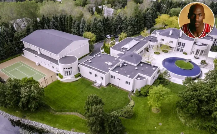 Michael Jordan house showing the tennis court, circular infinity pool, and grounds in Highland Park