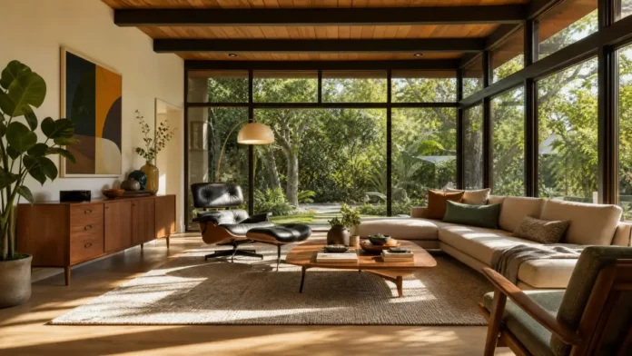 Mid Century Modern Home Design Ideas for a Stylish Living Room Mid Century Modern Home Design with warm wood furniture and large windows
