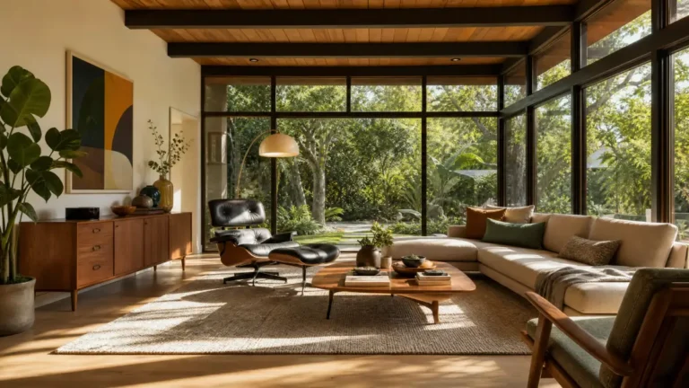 Mid Century Modern Home Design with warm wood furniture and large windows