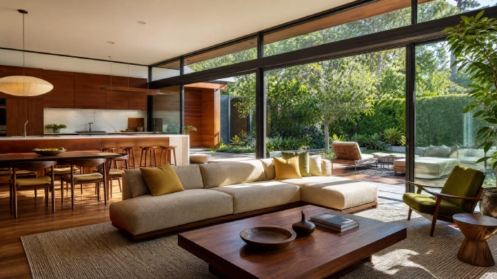 7 Stunning Mid Century Modern Home Design Ideas 1 Mid Century Modern Home Design with open living room, dining area, kitchen and large windows