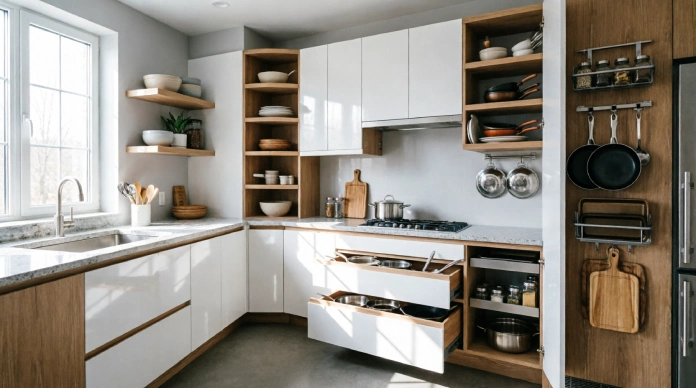 Transform Your Kitchen Space with Smart Design Ideas for Modern Living 2 Transform your kitchen space with modern kitchen storage solutions including pull-out pantry shelves, deep drawers, corner cabinets, wall-mounted shelves, and organized storage ideas