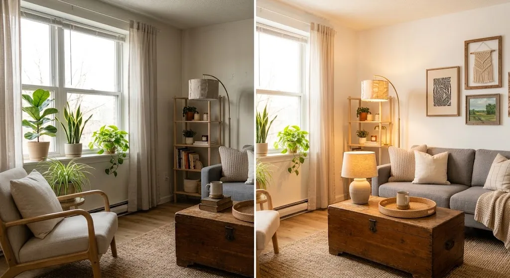 Economy Home Decor: Simple Ways to Style Your Home on a Budget 2 Living room transformed with neutral paint and warm lighting.