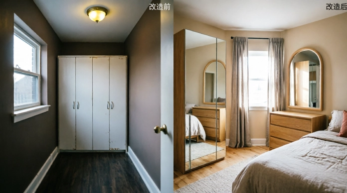 Bedroom mirror ideas transforming a dark 110-square-foot studio bedroom