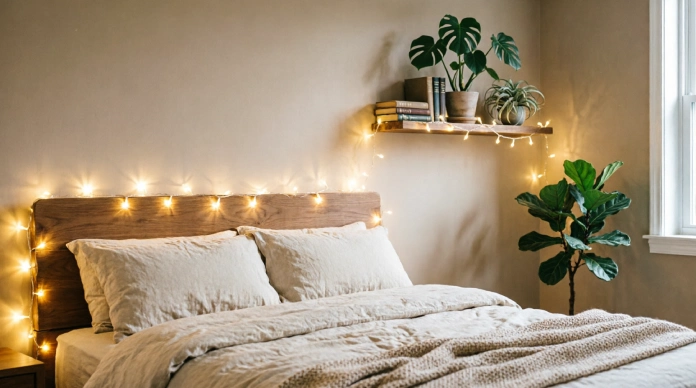 11 Cozy Bedroom Lighting Ideas for a Warm, Dreamy & Relaxing Space 2 Bedroom lighting ideas with warm string lights around a cozy headboard
