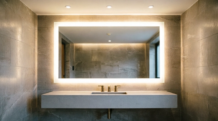 Bathroom lighting ideas featuring a backlit LED mirror for a luxurious spa-like bathroom