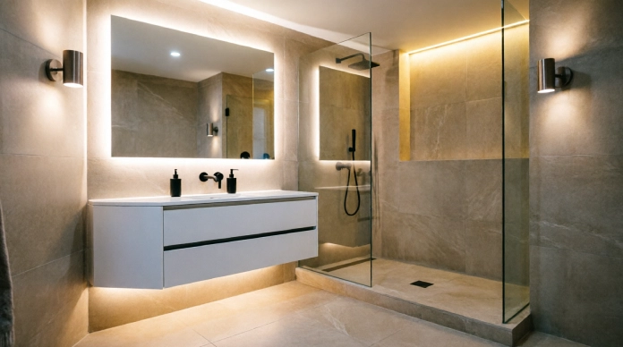 Bathroom lighting ideas without ceiling lights using sconces, LED strips, and a backlit mirror