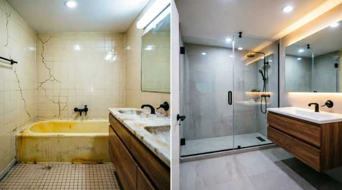 Bathroom renovation before and after transformation with walk-in shower
