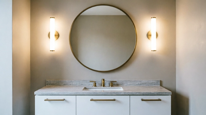 Bathroom lighting ideas with dual sconces beside a bathroom vanity mirror