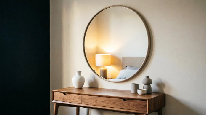 Bedroom mirror ideas with a mirror above dresser reflecting warm bedroom light
