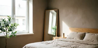 11 Bedroom Mirror Ideas That Make Your Room Look Bigger & Brighter Bedroom mirror ideas with a full-length mirror reflecting natural light in a small bedroom