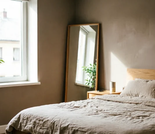 11 Bedroom Mirror Ideas That Make Your Room Look Bigger & Brighter Bedroom mirror ideas with a full-length mirror reflecting natural light in a small bedroom