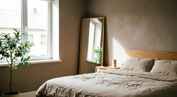11 Bedroom Mirror Ideas That Make Your Room Look Bigger & Brighter Bedroom mirror ideas with a full-length mirror reflecting natural light in a small bedroom