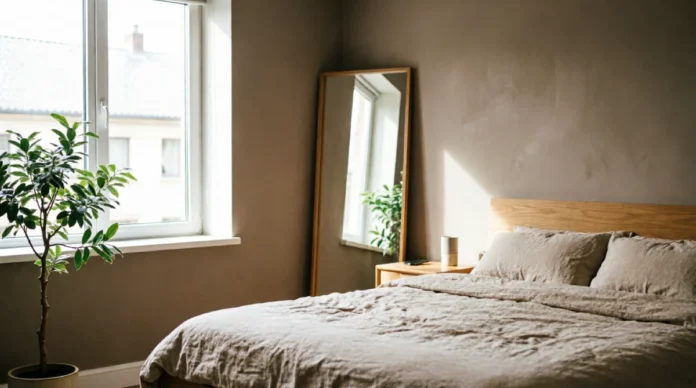 Bedroom mirror ideas with a full-length mirror reflecting natural light in a small bedroom