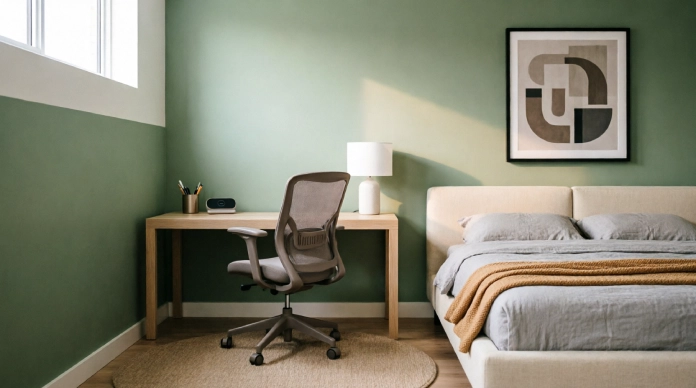 10 Brilliant Bedroom Office Combo Ideas for Small Spaces 4 Bedroom office combo ideas using a sage green accent wall to define the workspace