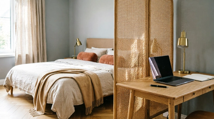 10 Brilliant Bedroom Office Combo Ideas for Small Spaces 2 Bedroom office combo ideas with a rattan divider separating the bed and workspace