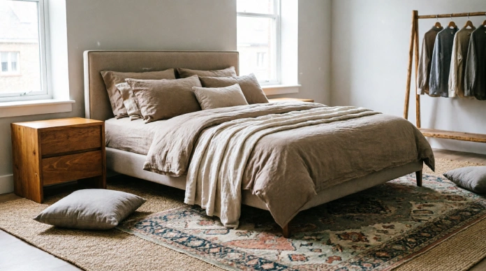 11 Bedroom Rug Ideas That Will Make Your Room Feel Cozy & Luxurious 3 Bedroom rug ideas featuring a neutral jute rug layered with a patterned rug