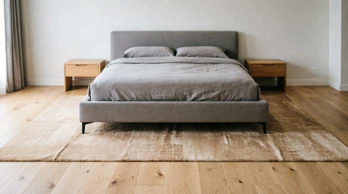 11 Bedroom Rug Ideas That Will Make Your Room Feel Cozy & Luxurious 1 Bedroom rug ideas showing the right rug size under a queen bed