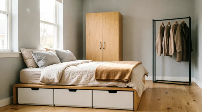 Bedroom Storage Ideas for a Room Without a Closet Small bedroom storage ideas without a closet using a freestanding wardrobe and clothing rack