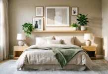 11 Bedroom Wall Decor Ideas to Fix a Boring Room & Create a Cozy Retreat Bedroom wall decor ideas with art, shelves and warm wood accents
