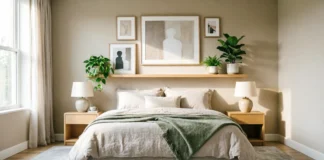 11 Bedroom Wall Decor Ideas to Fix a Boring Room & Create a Cozy Retreat Bedroom wall decor ideas with art, shelves and warm wood accents