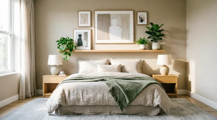 11 Bedroom Wall Decor Ideas to Fix a Boring Room & Create a Cozy Retreat Bedroom wall decor ideas with art, shelves and warm wood accents