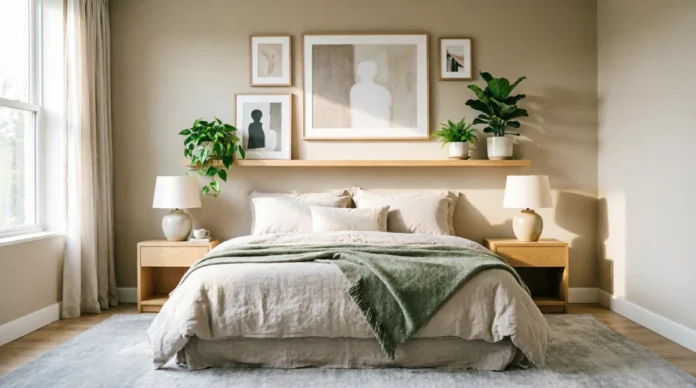 Bedroom Wall Decor Ideas for a Cozy Modern Bedroom Bedroom wall decor ideas with art, shelves and warm wood accents