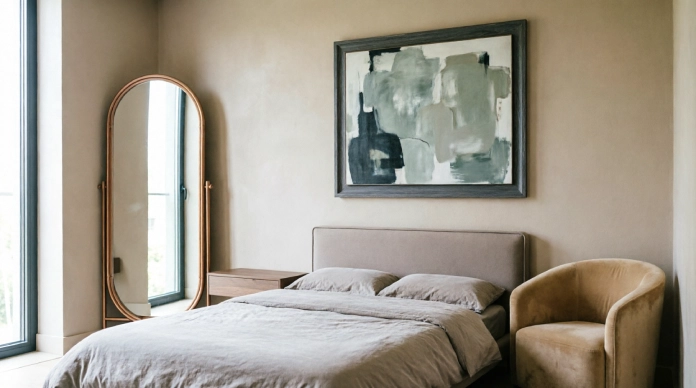 11 Bedroom Wall Decor Ideas to Fix a Boring Room & Create a Cozy Retreat 3 Bedroom wall decor ideas with oversized art and a decorative mirror