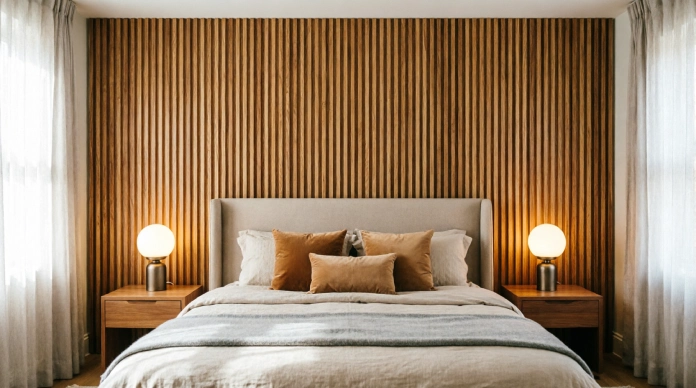 11 Bedroom Wall Decor Ideas to Fix a Boring Room & Create a Cozy Retreat 2 Bedroom wall decor ideas with a vertical wood slat accent wall