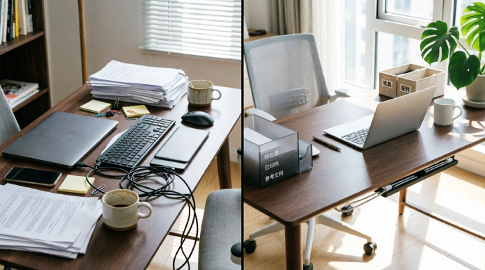 Home office organization ideas showing a cluttered workspace transformed into an organized office