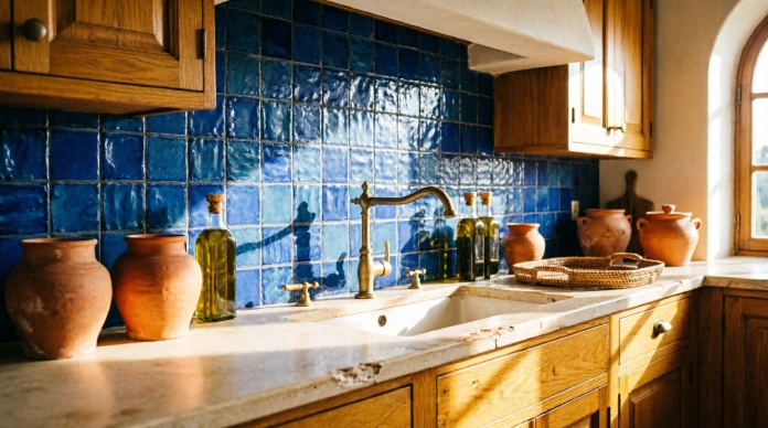 Modern kitchen backsplash ideas with blue Zellige tiles