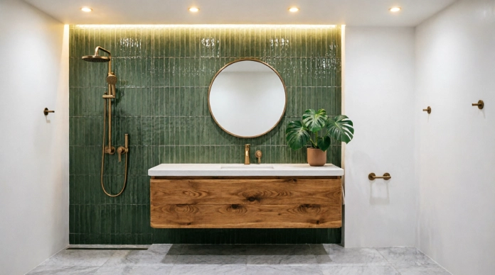 11 Amazing Bathroom Tile Ideas to Make Your Space Look Stylish & Expensive 4 Bathroom tile ideas with a bold green accent wall behind a modern vanity