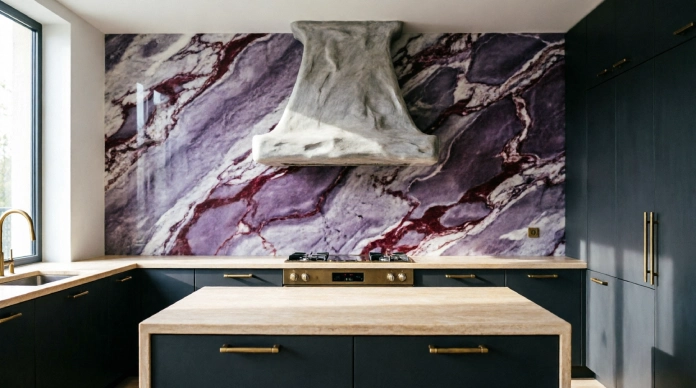 Modern kitchen backsplash ideas with bookmatched marble slab