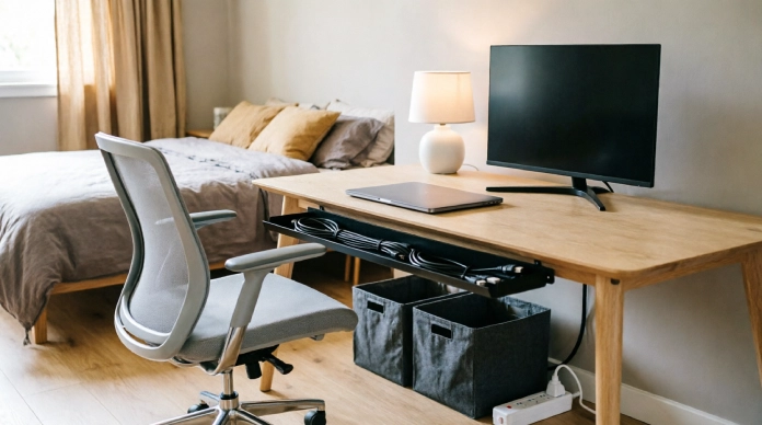 10 Brilliant Bedroom Office Combo Ideas for Small Spaces 5 Bedroom office combo ideas with hidden cables and organized under-desk storage