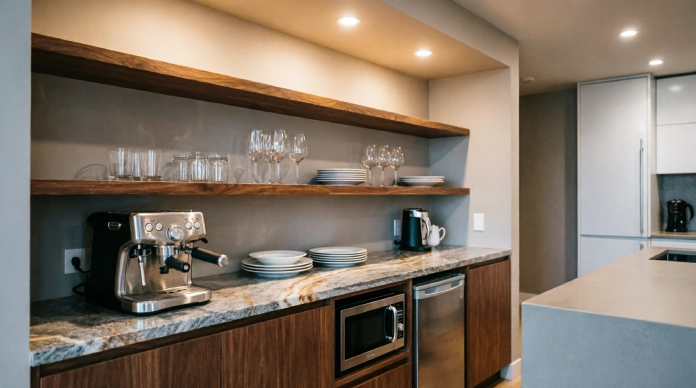 Luxury kitchen ideas with a compact butler's pantry and open shelving