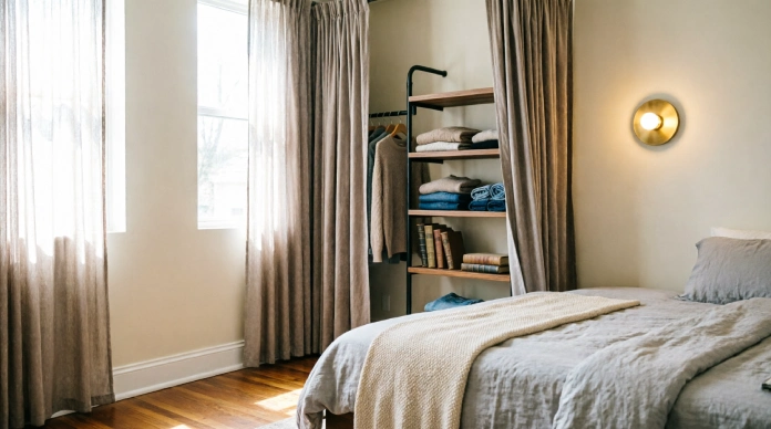 No Closet? No Problem! 10 Brilliant Bedroom Storage Ideas to Transform Your Space 6 Curtain hiding a clothing rack in a small bedroom